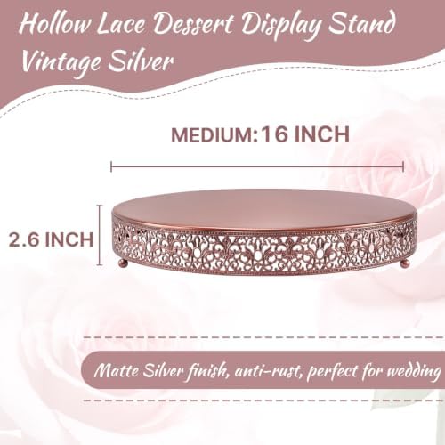 16 Inch Rose Gold Cake Stand, Round Metal Dessert Display with Ornate Filigree Lace, Dual‑Coated Premium Finish for Wedding, Anniversary & Elegant Home Decor - Image 3
