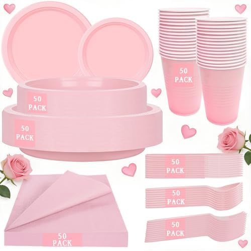 MirthMood 350pcs Pink Plates Disposable,Pink Plastic Plates for Party by LUODA