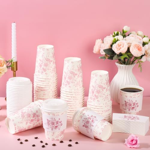 50Pcs Pink Floral Disposable Coffee Cups with Lids and Sleeves - Image 4