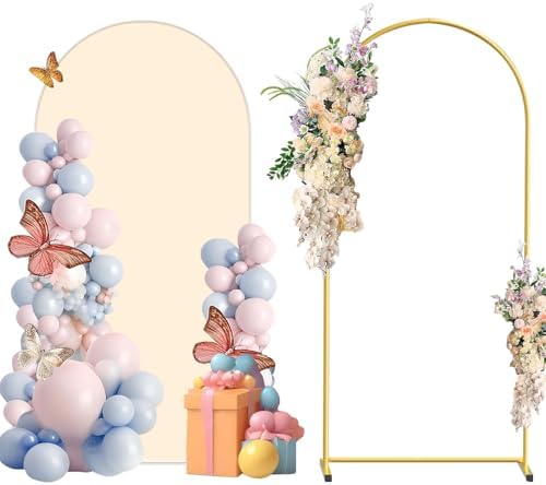 Metal Arch Backdrop Stand and Cover Set, 6FT Beige Reusable Spandex Fitted Backdrop Cover and Gold Wedding Arch Frame for Baby Shower, Birthday, Parties Decoration. by CHUNQIANGCAIDESIGN