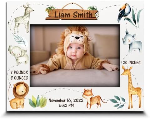 BELLA BUSTA- Personalized Birth Announcement Keepsake-Safari Animal Theme-Welcome Baby Picture Frame-Custom Animal Nursery Wall Art-UV Print (5x7 Horizontal) by BELLA+BUSTA