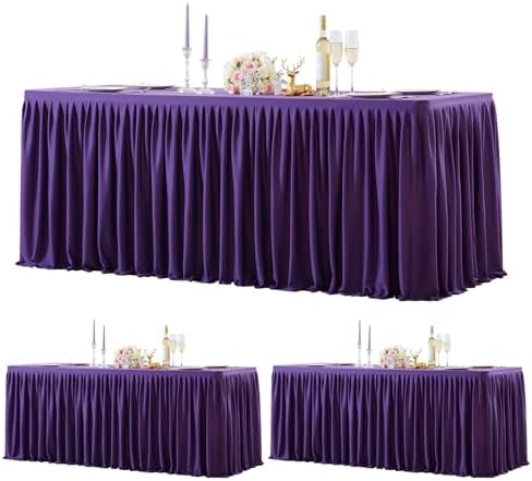 Wish Care 3 Pack Dark Purple Polyester Table Clothes for 6 Foot Rectangle Tables, Wrinkle Free Fitted Table Cover with Pleated Ruffle Table Skirt for Party Baby Shower Wedding Birthday Event Display by WishCare