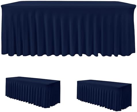 2 Pack Navy Spandex Table Covers 6ft Rectangle Ruffle Skirts for Party by HolidayIdeas