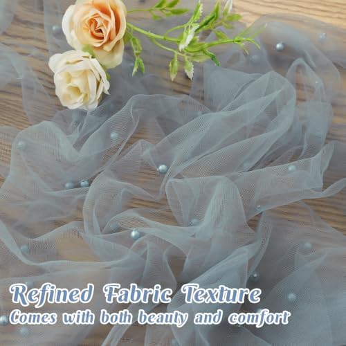 Set of 6 Pearl Table Runner 29 x 120 Inch Dusty Blue Tulle Fabric Lace Table Runners Boho Rustic Table Runners for Bridal Shower Birthday Party Wedding Arch Aisle Veil Dessert Table Decor(Dusty Blue) - Image 5