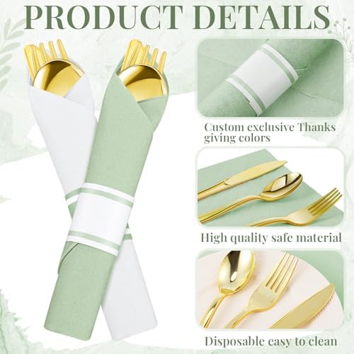 Lasnten 50 Pcs Pre-rolled Gold Plastic Silverware Set, Sage Green - Image 4