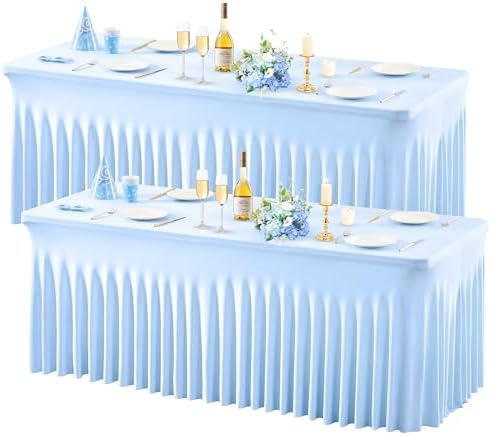 Wish Care 2 Pack Baby Blue Spandex Table Clothes for 8 Foot Rectangle Tables, 8FT Wrinkle Free Fitted Tablecloths Ruffles Design Table Cover for Party, Banquet, Wedding and Events by WishCare