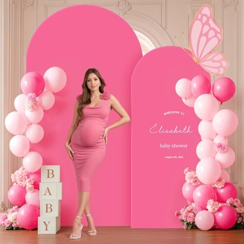 Hot Pink Arch Backdrop Cover 2 Set - 6.6FT, 5FT Spandex Fitted Wedding Arch Stand Covers Round Top Chiara Arch Backdrop Stands Cover for Birthday Parties Banquet Photo Background Decoration - Image 5