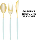 Luxe Party 128 Pieces Two Tone Plastic Disposable Cutlery | Forks-Spoons-Knives | Full Size | Chic Round | Mint and Gold - Image 3