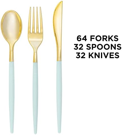 Luxe Party 128 Pieces Two Tone Plastic Disposable Cutlery | Forks-Spoons-Knives | Full Size | Chic Round | Mint and Gold - Image 3