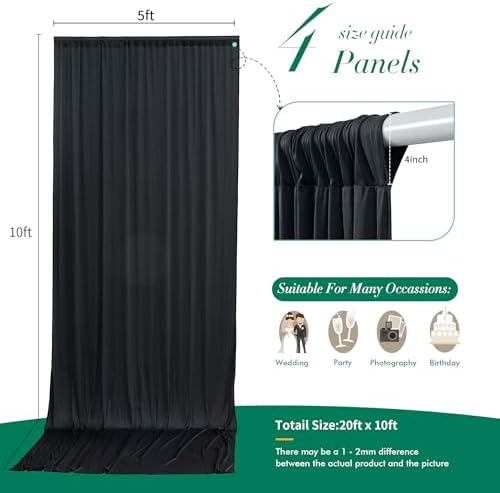 20 ft x 10 ft Wrinkle Free Black Backdrop Curtain for Parties, 4 Panels 10ft Polyester Black Photo Backdrop Drapes for Graduation Birthday Wedding Party Stage Curtains - Image 5