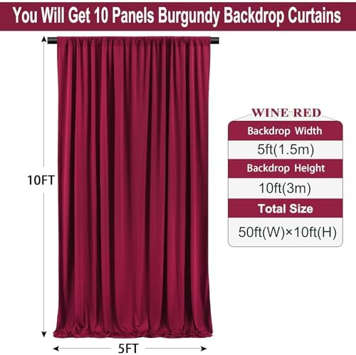 50ft×10ft Burgundy Wrinkle Free Backdrop Curtains for Parties, 10 Panels 5×10ft Soft Silky Wine Red Photo Backdrop Drapes for Birthday Party Baby Shower Wedding Mother's Day Photography - Image 3