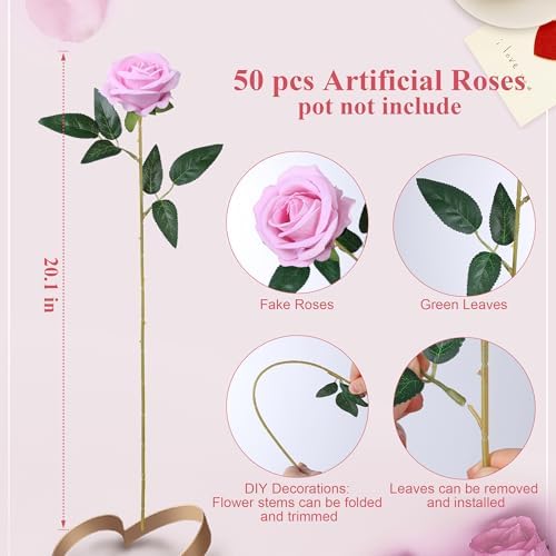 50 PCS Pink Roses Artificial Flowers, Fake Roses with Stem Realistic Silk Roses for DIY Wedding Bouquets Table Centerpieces Arrangements Baby Shower Birthday Home Decor Valentine's Day Gift for Her - Image 5