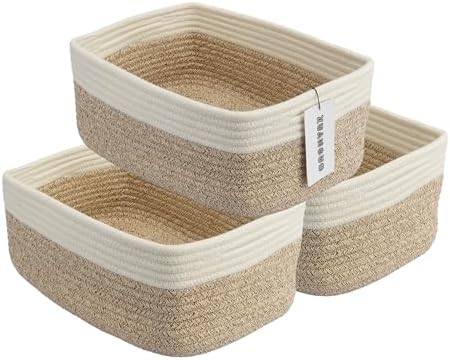 XUANGUO Small Woven Storage Baskets for Shelves, 13" x 9" x 5", White/Brown by XUANGUO