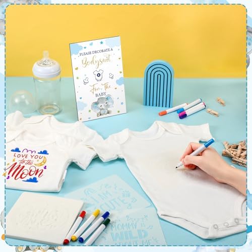 Panitay 126 Pcs Baby Shower DIY Bodysuit Set Bib 25 Blank White Newborn Bodysuit 25 Stencils 24 Marker 1 Sign 50 Pins(Blue Elephant) - Image 5