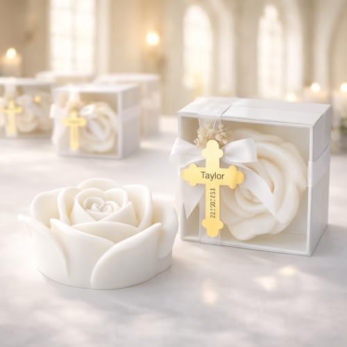Personalized Rose Shaped Soy Candle Favors with Gold Acrylic Cross Label – Baptism & Christening Keepsake, Religious Wedding or Shower Gift Set (10–200 PCS) - Image 2