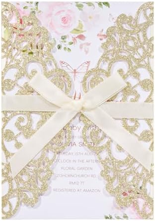 50Pcs Gold Glitter Laser Cut Wedding Invitation with Envelopes RSVP Cards by Maffily