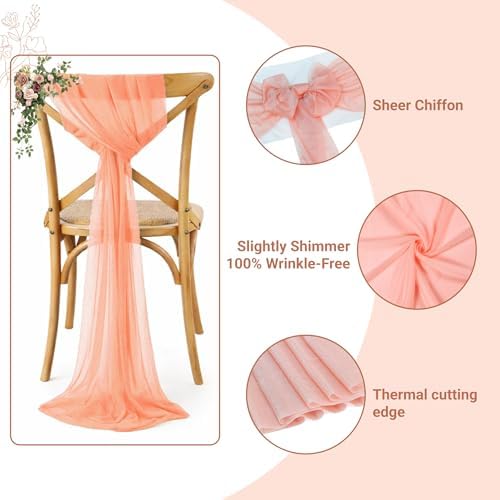 MDS Pack of 125 Chiffon Chair Sashes for Wedding & Event Décor - Peach - Image 3