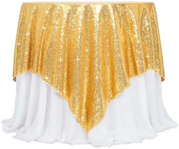 Poise3EHome Gold Sequin Tablecloth 90×90 Inch Square Sequin Fabric Table Cover Overlay for Baby Shower Birthday Party Wedding Christmas Holiday Cake Table Decoration by Poise3EHome