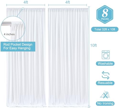 White Backdrop Curtains 8 Panels, 10 Feet Wrinkle-Free Polyester Photography Backdrop Drapes for Wedding Baby Shower Party Background Backdrop Stand- 32 X10FT (White) - Image 3