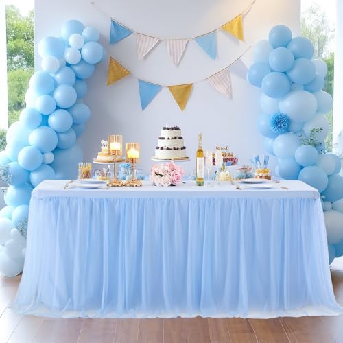 Baby Blue Table Cloths for 6 Foot Rectangle Tables, Tulle Table Skirt Baby Shower Table Covers for 6 Foot Tables Desk Skirt Party Wedding Banquet Tablecloth Elastic Stretch Fitted Ruffle Table Cloth - Image 3