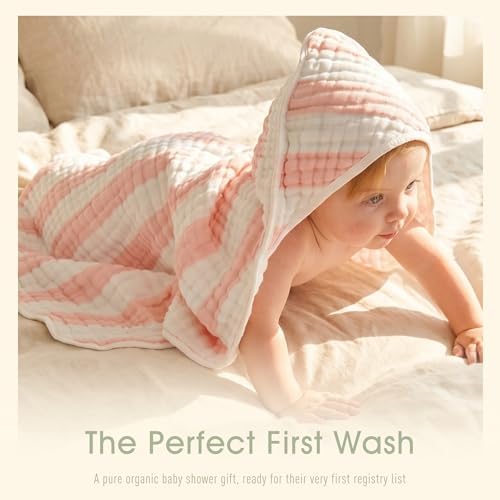 Organic Muslin Hooded Baby Bath Towel 4pc for Newborn - Pink Stripe - Image 2
