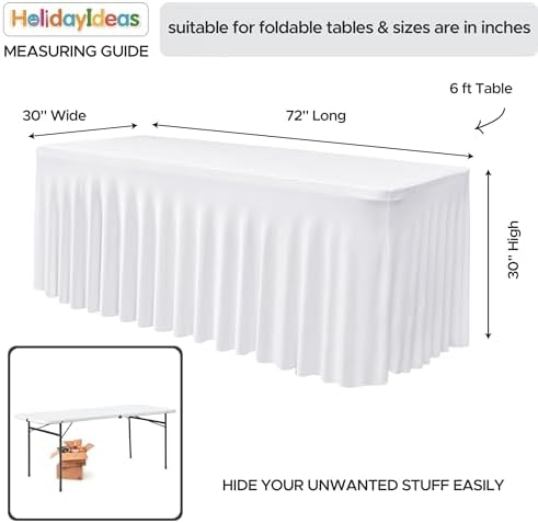 6 Pack White Spandex Table Covers 6ft Rectangle Ruffle Skirts for Party - Image 5