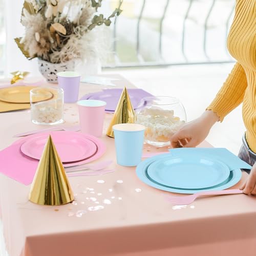 durony 360 Pieces Pastel Rainbow Disposable Party Supplies Serves 48 Guests Include 7" and 9" Pastel Paper Plates Cups Napkins Cutlery Pastel Rainbow Party Decorations for Birthday Wedding Baby Shower - Image 5
