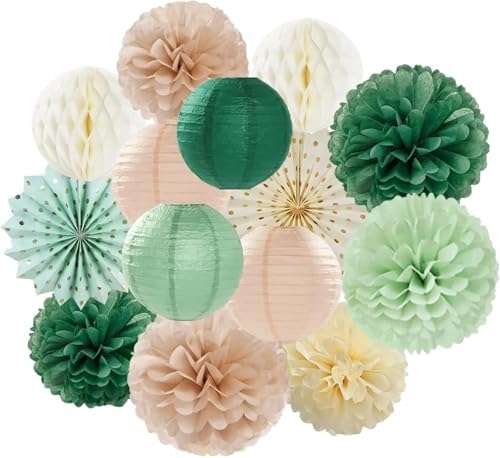 Hanging Paper Fans 5set Lantern Tissue Pom Poms for Wedding Baby Bridal Shower Birthday Party Decoration for Weddings Birthdays(Green) by Unknown