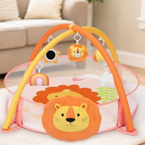 7-in-1 XL Large Baby Play Gym Mat, Tummy Time Mat, Baby Gym & Ball Pit, Baby Activity Mat with Milestone Cards & 6 Detachable Toys for Sensory Motor Skill, Lion - Image 7