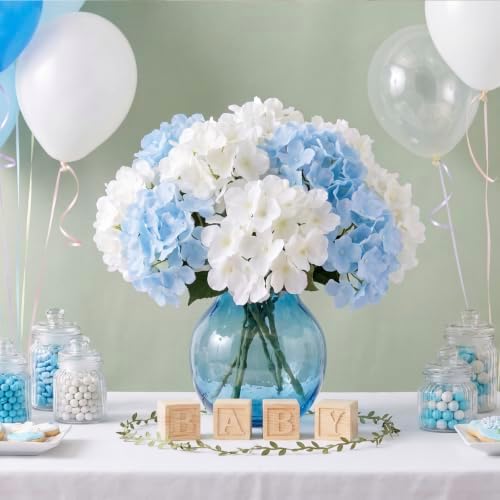 50PCS White & Blue Hydrangea Artificial Flowers, Stronger Bendable Stems - Image 2