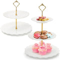 SOUJOY Set of 2 Porcelain Tiered Cupcake Stand, White Embossed Dessert Stand with Gold Rod, 3 Tiers and 2 Tiers Serving Trays for Tea Party Wedding Baby Shower Home Birthday by SOUJOY