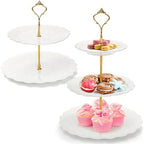 SOUJOY Set of 2 Porcelain Tiered Cupcake Stand, White Embossed Dessert Stand with Gold Rod, 3 Tiers and 2 Tiers Serving Trays for Tea Party Wedding Baby Shower Home Birthday by SOUJOY
