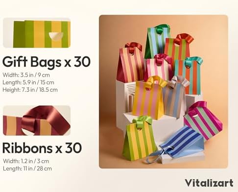 Vitalizart Striped Paper Gift Bags With Ribbon Handles Small Bulk Pack - Image 3