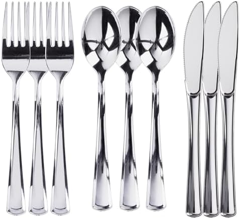 Prestee 600 Piece Plastic Silverware Set - 200 Silver Plastic Forks, Spoons and Knives - Heavy-Duty Utensils - Reusable and Disposable Cutlery Set for Weddings, Thanksgiving, and Christmas Parties by Prestee