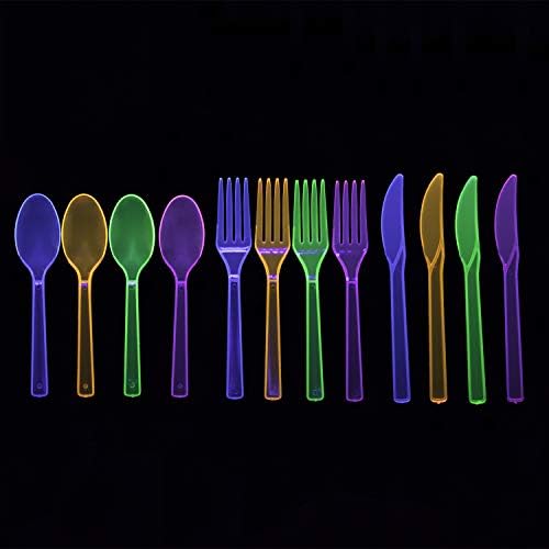 Party Essentials Disposable Plastic Glow-in-the-Dark Party Supplies Dinnerware Decorations, Plate/Cup/Cutlery/Tablecover, 193 Pcs, Assorted Neon - Image 7