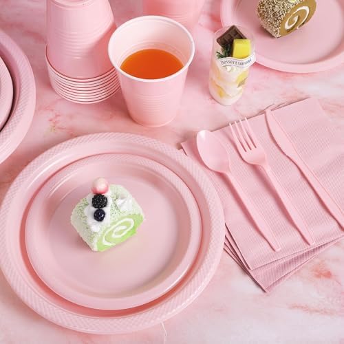Aodaer 400 Pieces Pink Party Supplies Disposable Dinnerware Set Include Plastic Plates Cups Knives Forks Spoons Paper Napkins for Birthday Wedding Graduation Parties, Serve 50 Guests - Image 5