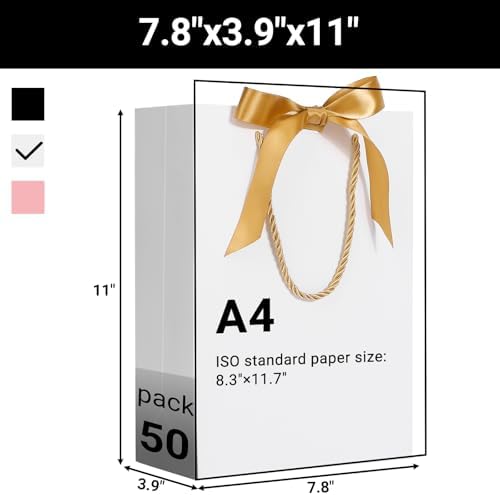 EUSOAR White Gift Bags - 50pcs 7.8"x3.9"x11" Party Favor Bags with Handle for Business, Wedding, Baby Shower Guests - Image 2