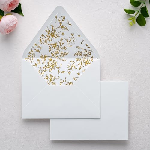 PONATIA A7 Euro Flap Gold Foil Liner Envelopes, White 5x7 Envelopes by ponatia