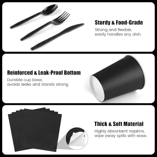 Kochorie 350 Pieces Black Dinnerware Set, 7 & 9 inch Dessert Paper Plates Cups Napkins Plastic Cutlery Disposable Party Supplies for Birthday Baby Shower Wedding, Serve 50 Guests - Image 4