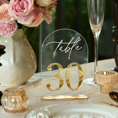 Crystal Clear Acrylic Wedding Table Numbers 1-30 Set, Self-Standing Modern Arched Signs for Reception Seating, Anniversary & Bridal Shower, Elegant Wedding Decor (5x7 Inches) by Ourholiday