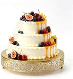 14 Inch Luxury Gold Cake Stand, Round Metal Dessert Display with Ornate Filigree Lace, Dual‑Coated Premium Finish for Wedding, Anniversary & Elegant Home Decor by FEICTPOX