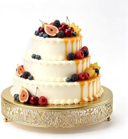 14 Inch Luxury Gold Cake Stand, Round Metal Dessert Display with Ornate Filigree Lace, Dual‑Coated Premium Finish for Wedding, Anniversary & Elegant Home Decor by FEICTPOX