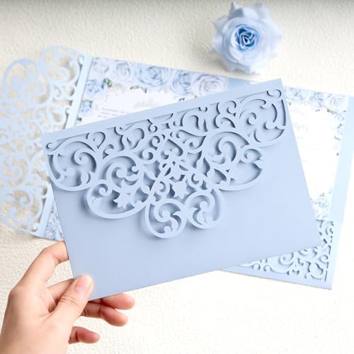 50 PCS Laser Cut Wedding Invitations Haze Blue Tri-Fold Personalized Invite - Image 2
