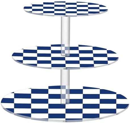 J JOYSAY Chess Checkerboard Blue White Print Acrylic Cupcake Stand 3 Tier Dessert Table Display Set Clear Cake Stands for Baby Shower Party Wedding Decorations Easy Assembly Macaron Tower by J+JOYSAY