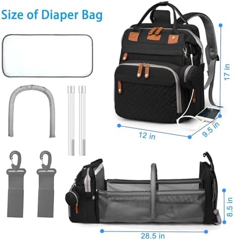 Jeryswet Baby Diaper Bags with Changing Station, Waterproof Large Capacity Diaper Bag Backpack for Moms Dads with USB Charging Port and Stroller Straps, Baby Shower Gifts, Black - Image 6