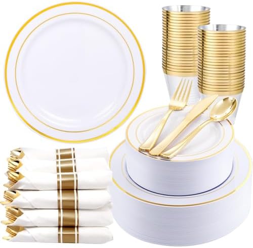 WDF Partyware 350Piece Gold Dinnerware Set for 50 Guests - Gold Plastic Plates with Disposable Cutlery - 50Dinner Plates-50Dessert Plates-50Pre Rolled Napkins with Silverware for Wedding/Birthday by WDF