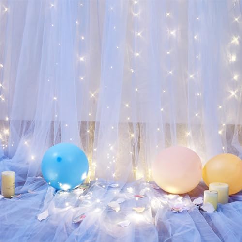 Blue Tulle Backdrop Curtains with Lights String for Parites Baby Shower 30×8ft Blue Sheer Backdrop Curtains Drapes for Bridal Shower Birthday Party Photo Shoot Background Decorations(6 Panels 5×8ft) - Image 5