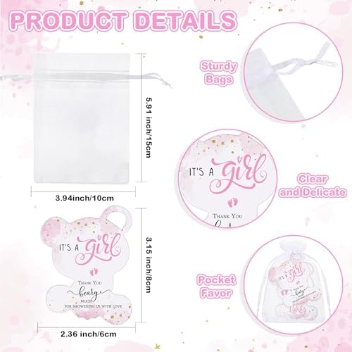 Domensi 75 Pcs Baby Shower Favors Bear Opener Magnet Card Organza Bag, Girl - Image 3