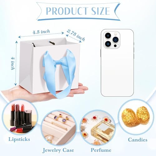 Kolldenn 50 Pcs Small White Gift Bags Bulk with Blue Bow Ribbon Handles - Image 5