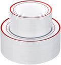 Goodluck 200 Pack Red Rim Plastic Plates - 100 Dinner Plates (10.25") & 100 Dessert Plates (7.5") - Heavy Duty Disposable White Plates with Elegant Red Trim - Premium Dinnerware Set for Wedding by GoodLuck